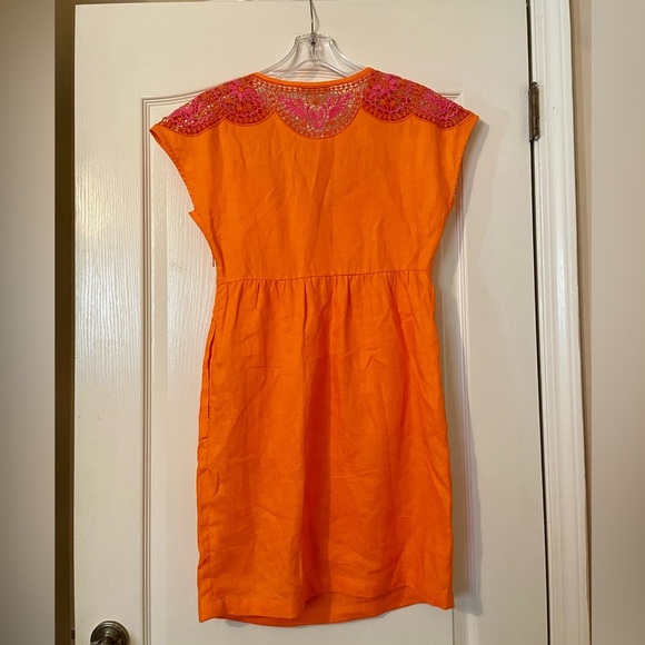 BODEN Fleur Embroidered 100% Linen Crochet Dress Orange Pink Size 2 Easter Party - Picture 6 of 9